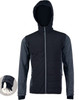 A black and grey men's heather sleeve quilted body jacket with a hood and zipped pockets. Features a logo.