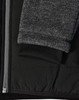 A black quilted jacket featuring heather grey sleeves and a ribbed cuff, with a side zipper and fabric texture detail.