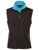 A black softshell vest with a contrasting turquoise collar and zippers, featuring two side pockets.