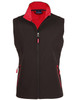 A black softshell vest with red contrasting accents and zippers, featuring a zipped front and side pockets.