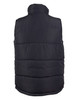 A heavy quilted vest in black, featuring a high collar and a simple design. Includes a logo on the back.