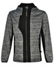 A grey and black workwear jacket with a hood, featuring a zip closure and side pockets. It has a logo on it.