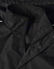 A black Long Line Stadium Jacket with a zip and snap closures, featuring a collar and logo branding.