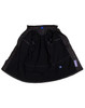 A long line stadium jacket in black, featuring a lined interior and pockets, with a branding tag visible.
