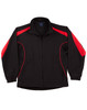 A track jacket in black with red detailing, featuring pockets and a collar, and a logo on the chest.