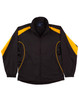 A black track jacket with yellow accents, featuring a zip front and a logo on the chest.