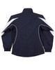 A track jacket in navy blue with white accents, featuring a high collar and elastic cuffs. It has a logo on it.