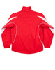 A bright red kids' warm-up jacket featuring white accents and a high neckline. It includes a logo on the design.