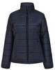 A navy ladies' insulated puffer jacket with a high collar and a zip-up front, featuring a logo.