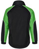 A black and green men's contrast jacket featuring a collar and sporty design, with a logo on the back.