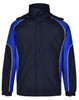 A unisex jacket in navy blue with electric blue accents and white piping, featuring a high collar and a logo.