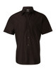 A black short sleeve button-up shirt with a collar and a single chest pocket, featuring a logo.