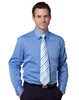 A light blue men's long sleeve button-up shirt, featuring a chest pocket and worn with a diagonal striped tie.