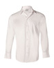A white long-sleeve button-up shirt with a single pocket and a subtle logo.