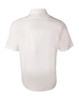 A white short-sleeved button-up shirt featuring a plain back design and a collar. Includes a logo.