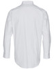 A white long-sleeved button-up shirt with a collar and cuffed sleeves, featuring a logo.