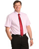 A short sleeve button-up shirt in light pink, featuring a pocket and paired with a red tie and black trousers.