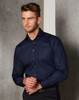 A navy blue men's button-up shirt with long sleeves and a pocket, featuring a subtle striped design.