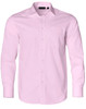A pink long-sleeve button-up shirt with a pocket and a branding logo. Features a dobby striped pattern.