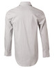 A long-sleeve button-up shirt featuring a grey and white ticking stripe pattern, with a classic collar and a branded label.
