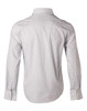 A button-up shirt with a men's long sleeve design in a white and navy ticking stripe pattern, featuring a logo.