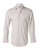 A men's long-sleeve button-up shirt in white with thin grey ticking stripes. Features a chest pocket and a logo.