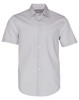 A short-sleeved, button-up shirt featuring a grey and white ticking stripe pattern. It has a logo on the chest.
