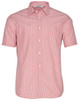 Men's short sleeve button-up shirt featuring white and red vertical stripes and a chest pocket. 