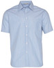 Men's short sleeve button-up shirt in blue and white stripes, featuring a chest pocket and a collar.