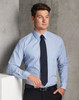 A men's long sleeve shirt in light blue with a stripe pattern and a dark tie, featuring a small logo.