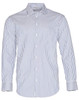 A long sleeve button-up shirt featuring blue and white sateen stripes, with a pocket and a branded logo.