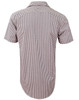 A short-sleeved men's button-up shirt featuring a brown and white gingham check pattern, with a logo on the back.