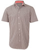 A short-sleeved men's button-up shirt featuring a black and white gingham check pattern with a red collar interior.