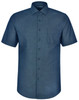 A short-sleeved blue button-up shirt featuring a pin dot pattern and a single chest pocket. It has a logo on the collar.