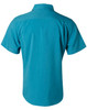A teal short sleeve shirt with a collar and a logo on the back. The fabric appears lightweight and breathable.