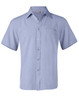 A light blue short sleeve shirt with a collar, button front, and a chest pocket, featuring a branding logo.