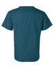 A teal unisex scrub short sleeve tunic top, featuring a simple design and a back view. Has a logo on the fabric.