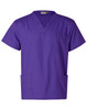 A purple unisex short sleeve scrub tunic top featuring a V-neck and a pocket. Includes branding on the label.