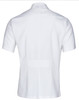 A white short sleeve jacket with a stud front design, featuring a sleek, tailored look and no visible logos.