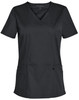 A dark green ladies' short sleeve scrub top with a V-neck and two front pockets. It features a logo.