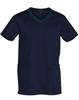 Men's scrub top in navy blue with contrast colour detailing and a pocket at the front. Features a logo.
