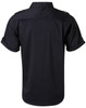 A black short sleeve military-style shirt, featuring a button-up design and rolled sleeves. It has a logo on it.