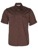 A short sleeve military shirt in a rich brown colour with two front pockets and a logo on the label.
