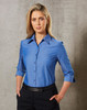 A blue women's button-up shirt with 3/4 sleeves, featuring a collar and a fitted design, displayed on a model.