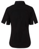 A black women's short-sleeved button-up shirt with a standard collar and a logo.