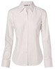 A white women's fine twill long sleeve button-up shirt with a collar and logo on the label.