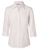 A white women's fine twill 3/4 sleeve button-up shirt featuring a classic collar and a logo on the left.