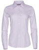 A lilac women's button-up shirt with long sleeves and a collar, featuring a logo on the chest.