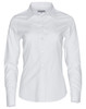 A white women's long-sleeve button-up shirt with a classic collar and a logo.