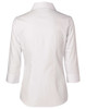 A white women's cotton/poly stretch button-up shirt with 3/4 sleeves, featuring a collared neckline and a fitted design.